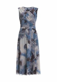 Vestido sin mangas con un patrón floral en tonos de azul y morado, que presenta tejido drapeado y una cintura ajustada, fluyendo hasta la altura de la rodilla.