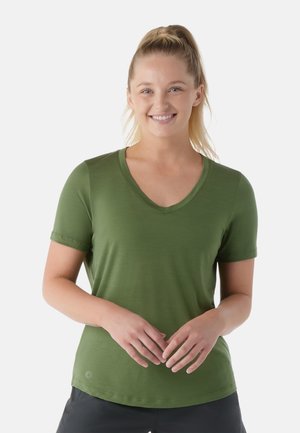 Green short-sleeve V-neck t-shirt made of soft material, featuring a relaxed fit and subtle logo detail near the hem.