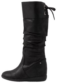 Bottes hautes jusqu'au genou en cuir noir avec un design ample, un bout arrondi, un talon compensé et un laçage décoratif avec des accents en métal argenté.