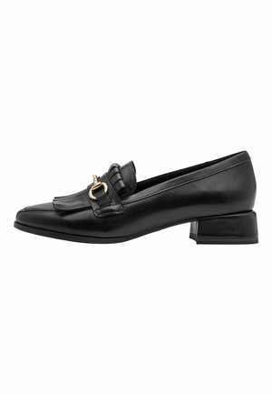 Sort læder lavhælet loafer med frynsedetalje og guldfarvet metalspænde foran, sidevisning.