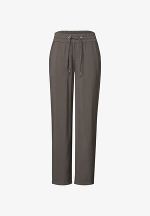 Pantalon en tissu léger gris avec une taille élastique, cordon de serrage réglable et une coupe décontractée ; design à jambes droites sans poches visibles.