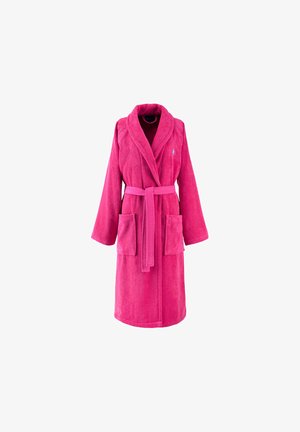 Robe in terry fucsia con colletto a scialle, cintura e due tasche frontali, caratterizzato da una texture morbida e un dettaglio logo sul petto.