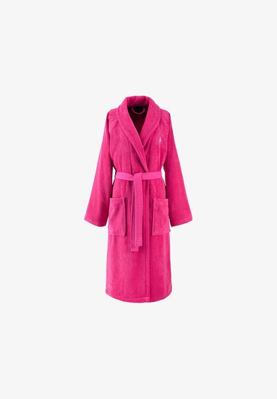 Robe in terry fucsia con colletto a scialle, cintura e due tasche frontali, caratterizzato da una texture morbida e un dettaglio logo sul petto.