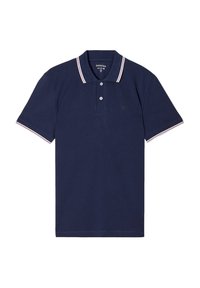 Granatowa koszulka polo z trzema guzikami, białym i czerwonym paskiem na kołnierzyku oraz mankietach, z subtelnym logo z przodu.