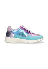 Kleurige sneaker met een mix van lichtblauw, metallic paars en roze accenten, een gestructureerd oppervlak, witte veters en een chunky zool.