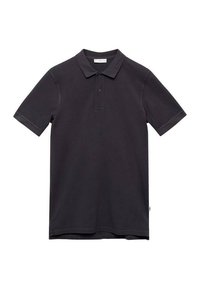 Musta polo-paita, joka on valmistettu sileästä puuvillasta ja jossa on klassinen kaulus, lyhyet hihat ja kolmen nappulan listareunus. Yksinkertainen malli, ilman kuvioita.