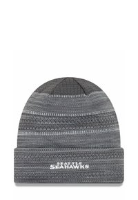Gray knit beanie with a textured pattern, featuring a folded hem and “SEATTLE SEAHAWKS” logo in white at the front.