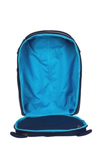 Dunkelblauer Rucksack mit leuchtend türkisfarbenem Innenfutter, ausgestattet mit einem Reißverschluss-Hauptfach und einem flachen Boden für Stabilität.