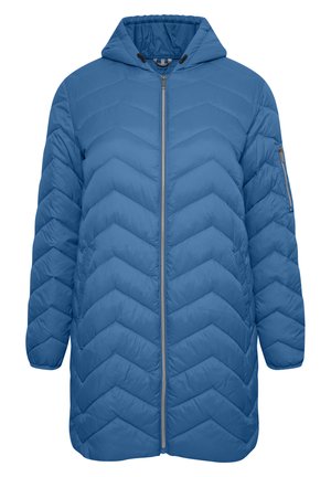 Cappotto imbottito blu chiaro con cappuccio, caratterizzato da un motivo a zigzag, zip a tutta lunghezza e tasca con zip sulla manica sinistra.