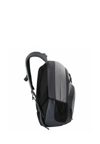 Gray backpack with padded straps, mesh detailing, and multiple zippered compartments. Features a streamlined design and durable fabric.