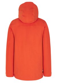 Giacca impermeabile arancione con cappuccio, caratterizzata da maniche lunghe e orlo dritto. Texture liscia con dettagli di design minimi.