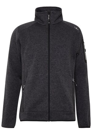Veste en polaire gris foncé avec un col haut, fermeture éclair avant, deux poches latérales et une poche zippée sur le bras gauche. Texture lisse et design décontracté.
