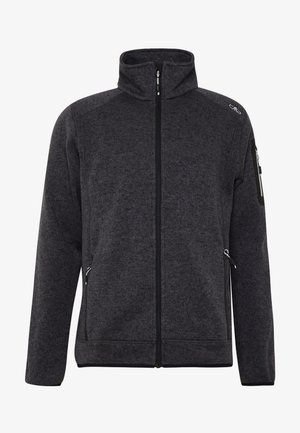 Mørkegrå fleecejakke med høj krave, frontlynlås, to sidelommer og en lynlåslomme på venstre arm. Glat tekstur og afslappet design.