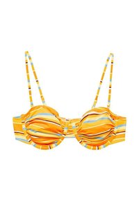 Rumena bikini zgornji del s prirejnimi ramnimi trakovi, nabranim materialom in plastičnim okovjem. Vsebuje modre in rjave akcentne črte.