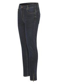 Jeans de mezclilla de un azul oscuro con un corte slim, que presentan costuras amarillas, un bolsillo delantero y cremalleras en los tobillos para un detalle adicional.