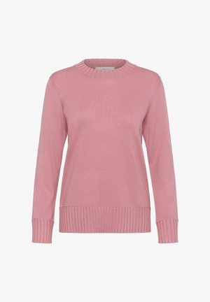 Rozā garām piedurknēm džemperis ar apaļu kaklu, ar ribotām piedurknēm un apakšmalu, izstādīts uz baltā fona.