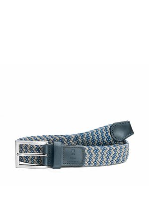 Braided blue and beige fabric belt with dark blue leather accents and a silver rectangular metal buckle.