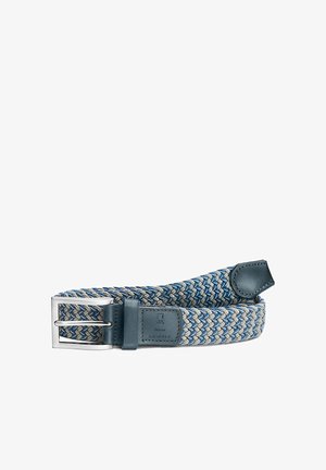 Braided blue and beige fabric belt with dark blue leather accents and a silver rectangular metal buckle.