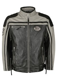 Läderjacka i grått och svart, med hög krage, dragkedja framtill och två fickor med dragkedja. Inkluderar logotypmärke på bröstet.