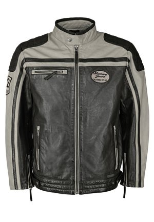 Leren jas in grijs en zwart, met een hoge kraag, een ritssluiting aan de voorkant en twee ritszakken. Inclusief logo-opdruk op de borst.