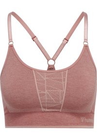 Rosa sport-bh i mjukt material med geometriskt mönster, justerbara band med korsad design och en logga på bandet.