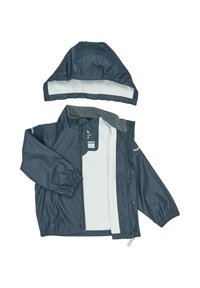 Sötétkék vízálló dzseki levehető kapucnival, rugalmas mandzsettákkal és szürke polár béléssel. Patentokkal és cipzárral záródik, ami megkönnyíti a felvételt.
