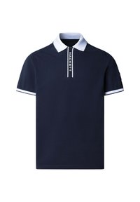 Námornícky polokošeľ s krátkymi rukávmi, bielym golierom a manžetami, s vertikálnym logom "HACKETT" na zapínaní, vyrobený z hladkej tkaniny.