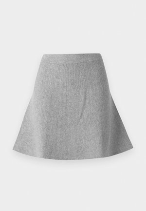 Gray, knitted flared skirt with a textured finish. Features a waistband and a smooth silhouette, tapering towards the hem.