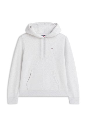 Hanorac gri deschis cu glugă, buzunar frontal, cordon, manșete elastice și un mic logo brodat în roșu, alb și albastru pe piept.