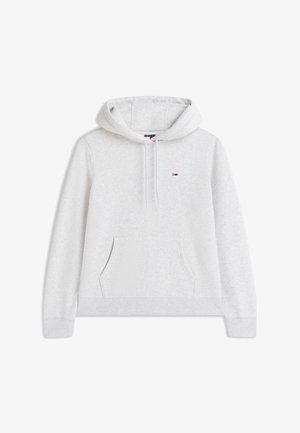 Hanorac gri deschis cu glugă, buzunar frontal, cordon, manșete elastice și un mic logo brodat în roșu, alb și albastru pe piept.