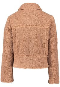 Braune, strukturierte Fleecejacke mit Kragen, cropped Länge und langen Ärmeln. Eigenschaften sind sichtbare Nähte und ein kastiger Schnitt.