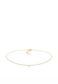Złoty naszyjnik na łańcuszku z delikatną, owalną zawieszką. Łańcuszek jest cienki, gładki w dotyku, z regulowanym zapięciem umożliwiającym zmianę długości.