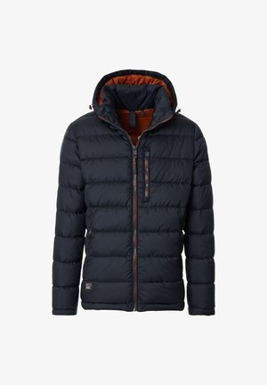 Puffer jacket, black exterior with orange inner lining, featuring a hood, zippered front, and visible stitching on quilted sections.