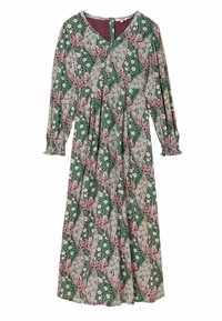 Langarmkleid mit grünem, burgunderfarbenem und cremefarbenem Blumenmuster, leichtem Stoff, V-Ausschnitt und gerafften Manschetten.