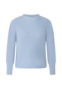 Pull en maille bleu clair avec col rond, texture côtelée, manches longues et silhouette ajustée. Finition lisse avec détails de poignets extensibles.