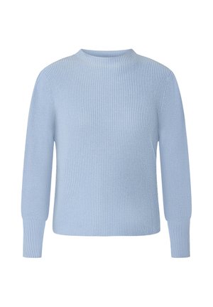 Hellblauer Strickpullover mit Rundhalsausschnitt, gerippter Struktur, langen Ärmeln und figurbetonter Silhouette. Glatte Oberfläche mit elastischen Bündchen.