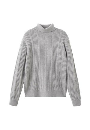 Grauer, gerippter Rollkragenpullover aus Garn, mit langen Ärmeln und engem Saum, vertikaler Struktur und gemütlichem Design.
