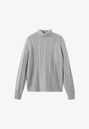 Grå ribbad polotröja i garn, med långa ärmar och en figurnära nederkant, med vertikal textur och en mysig design.