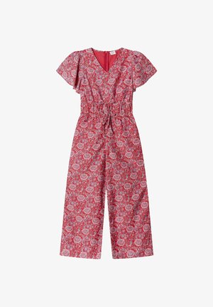 Raudonas gėlių rašto kombinezonas su trumpomis sparnuotomis rankovėmis, V formos iškirpte ir elastingu juosmeniu. Apibūdina laisvas siluetas ir platėjančios kelnės.