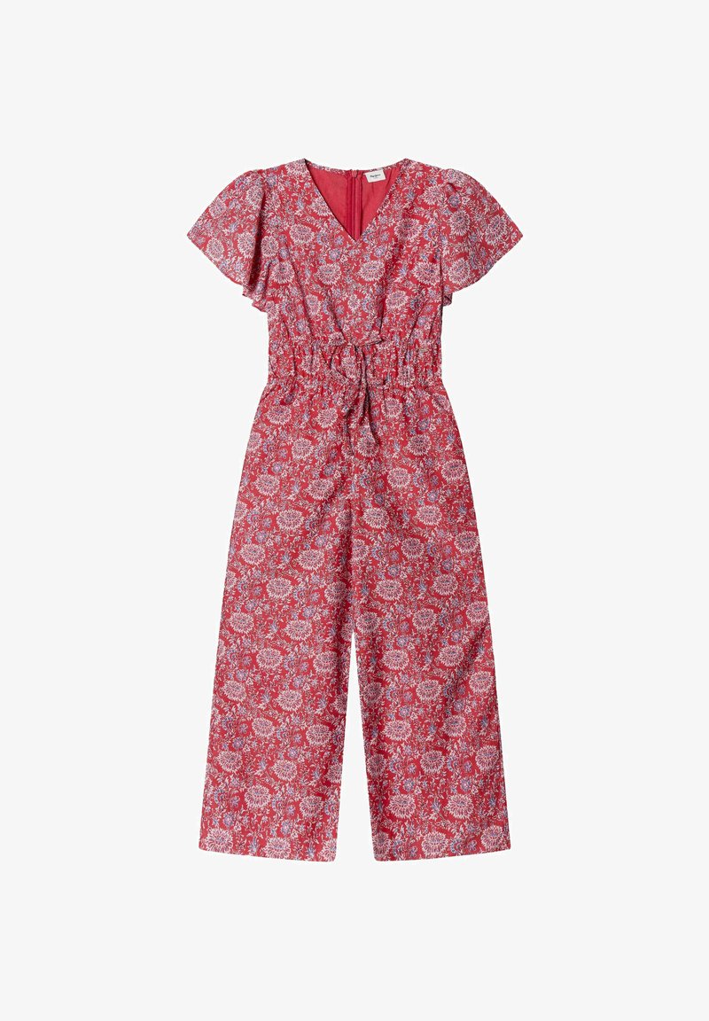 Raudonas gėlių rašto kombinezonas su trumpomis sparnuotomis rankovėmis, V formos iškirpte ir elastingu juosmeniu. Apibūdina laisvas siluetas ir platėjančios kelnės.