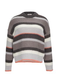 Sweter w paski z okrągłym dekoltem, z szarymi, białymi i koralowymi poziomymi paskami, z prążkowanymi mankietami i dołem oraz luźnym krojem.