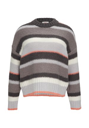 Gestreifter Pullover mit rundem Halsausschnitt, der graue, weiße und korallenfarbene horizontale Streifen, gerippte Bündchen und Saum sowie einen lässigen Schnitt aufweist.