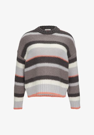 Pull rayé avec un col rond, présentant des rayures horizontales grises, blanches et corail, des bords côtelés aux poignets et à l'ourlet, et une coupe ample.