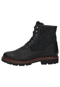 Schwarze Leder- und Wildleder-Ankle Boots mit strukturiertem Finish, runder Zehenpartie, schnürbarem Vorderteil und robustem Sohle mit braunen Nähakzenten.