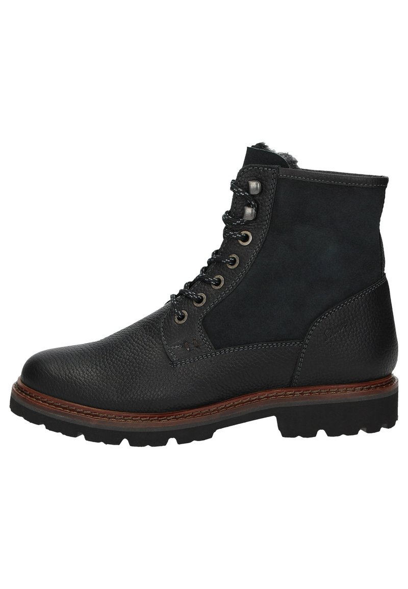 Schwarze Leder- und Wildleder-Ankle Boots mit strukturiertem Finish, runder Zehenpartie, schnürbarem Vorderteil und robustem Sohle mit braunen Nähakzenten.