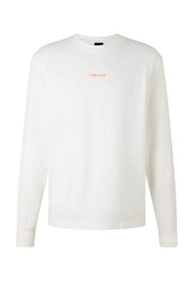 Long-sleeve white t-shirt made from soft fabric, featuring round neckline and orange "FIRE + ICE" logo at the center chest.