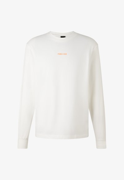 Long-sleeve white t-shirt made from soft fabric, featuring round neckline and orange "FIRE + ICE" logo at the center chest.