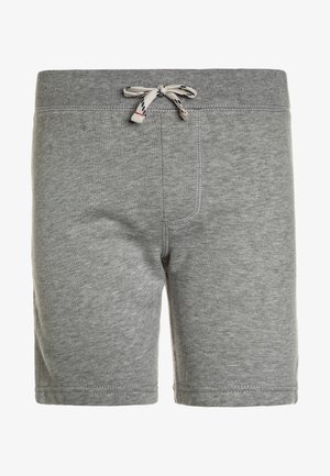 Shorts en maille gris avec une taille élastique et un cordon blanc avec des accents noirs et rouges.