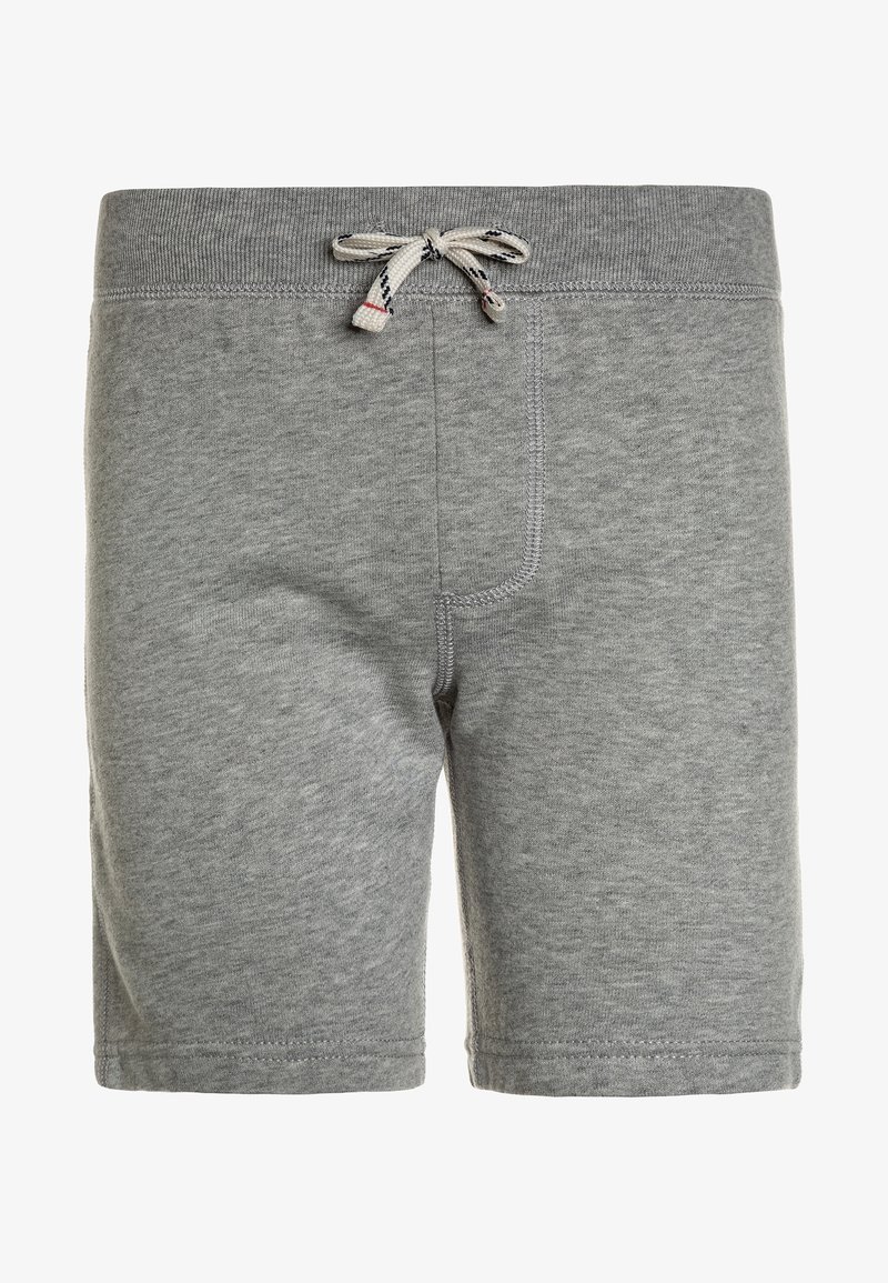Shorts en maille gris avec une taille élastique et un cordon blanc avec des accents noirs et rouges.
