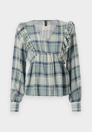 Green plaid blouse with ruffled accents along the neckline and shoulders; long sleeves; lightweight fabric; features a V-neck design.